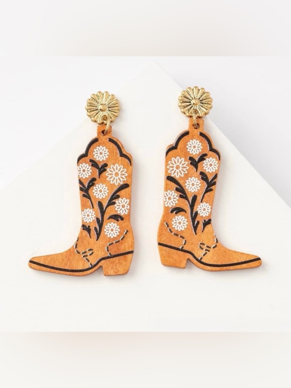 Plunder Cowboy Boot Floral Drop Earrings - Tan & Gold Tones - Picture 2 of 3